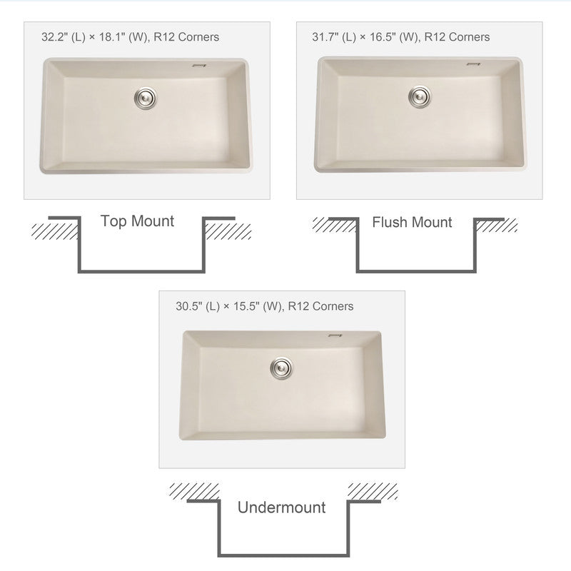 33 in. Single Bowl Quartz Granite Kitchen Sink with Large Basin Design