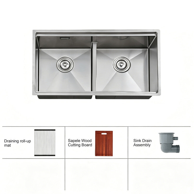 33 in. Double Bowl 304 Stainless Steel Kitchen Sink, Brushed Finish
