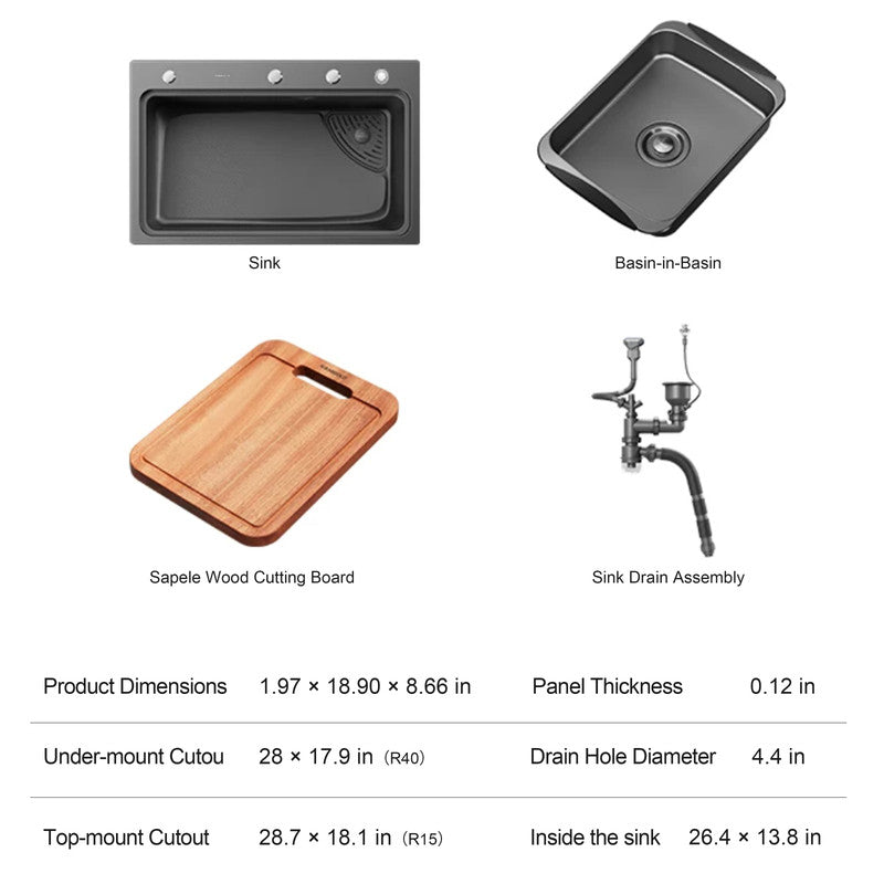 30 in. Single Bowl 304 Stainless Steel Kitchen Sink, Nano-Coated Stone Finish with Accessories