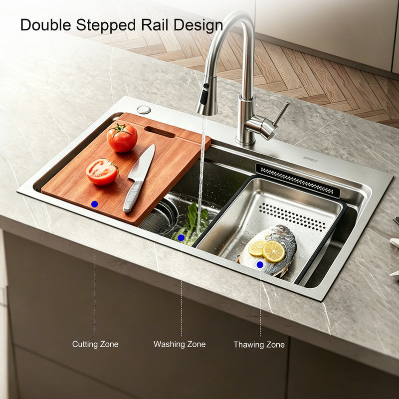 33 in. Single Bowl 304 Stainless Steel Waterfall Workstation Kitchen Sink, Embossed Texture