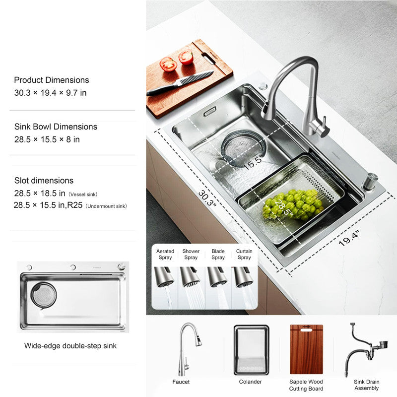 33 in. Single Bowl 304 Stainless Steel Waterfall Workstation Kitchen Sink, Embossed Texture