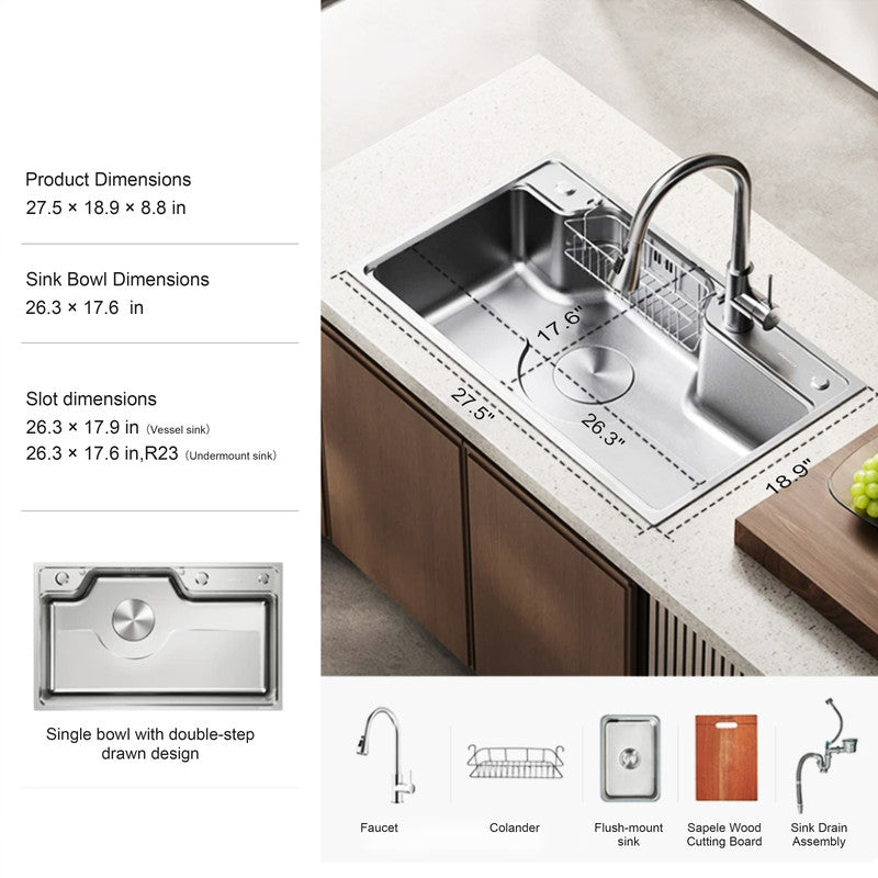 33 in. Single Bowl 304 Stainless Steel Step Workstation Kitchen Sink