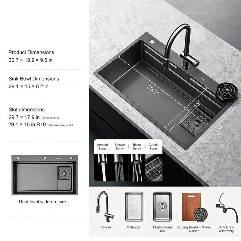 33 in. Single Bowl 304 Stainless Steel Waterfall Kitchen Sink with Accessories Set
