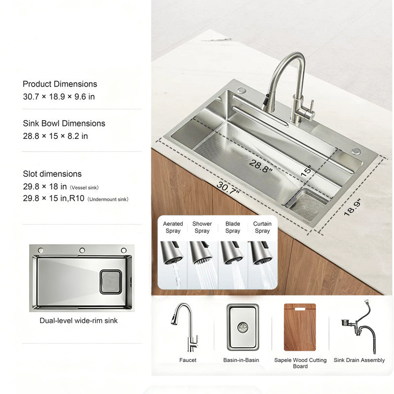 30 in. Single Bowl 304 Stainless Steel Kitchen Sink with Dual Drain Strainer System